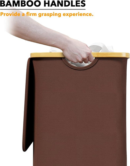 SpaceAid Laundry Hamper with Lid, 110L Large Tall Clothes Basket Bin with Bamboo Handles, Collapsible Laundry Hamper for Bedroom, Bathroom, Dorm, Laundry Room - Brown