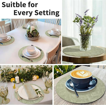 Maxpearl Round Placemats Set of 6, 13.8 inch Faux Leather Heat Resistant Table Mats, Non Slip Waterproof Wipeable Place Mats for Kitchen Dining Holiday Party Table Settings, Sage Green