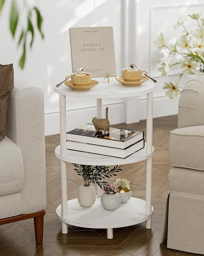 Small Round Side Table - 3-Tier Oval Accent Table for Small Spaces, Rustic Wood and Metal Couch End Table, Nightstand for Bedroom or End Table Living Room, Easy to Assemble, Marble White