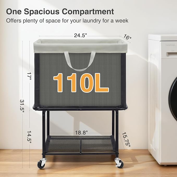 STO STO Rolling Laundry Hamper with Lockable Wheels, 29-Gallon (110L) Laundry Cart with Removable Canvas Bag, 2-Tier Clothes Basket Hamper with Shelf for Closet, Bedroom, Bathroom, Laundry Room, Gray