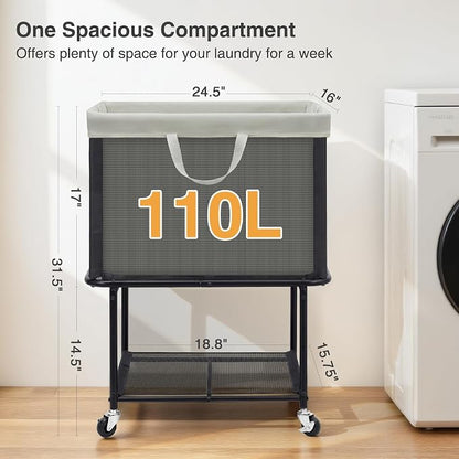 STO STO Rolling Laundry Hamper with Lockable Wheels, 29-Gallon (110L) Laundry Cart with Removable Canvas Bag, 2-Tier Clothes Basket Hamper with Shelf for Closet, Bedroom, Bathroom, Laundry Room, Gray