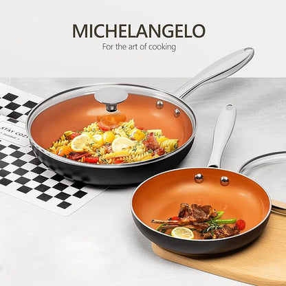 MICHELANGELO Copper Frying Pan Set with Lid, 8" & 10" Nonstick Skillets with Lids, Non Stick Frying Pans Set, Ceramic Non Toxic Fry Pans, Induction Compatible