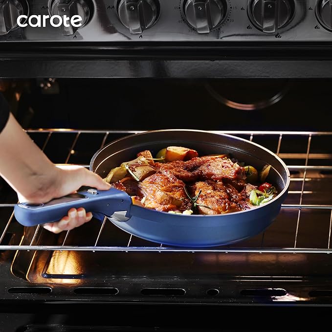 CAROTE 8Pcs Non Stick Frying Pans Set 3 Sizes(8,10,12 Inch), Kitchen Nonstick Skillets with Detachable Handle, Cooking Pan with lid, Oven Safe, Induction Cookware, Stackable Kitchen Set, Blue