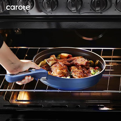 CAROTE 8Pcs Non Stick Frying Pans Set 3 Sizes(8,10,12 Inch), Kitchen Nonstick Skillets with Detachable Handle, Cooking Pan with lid, Oven Safe, Induction Cookware, Stackable Kitchen Set, Blue