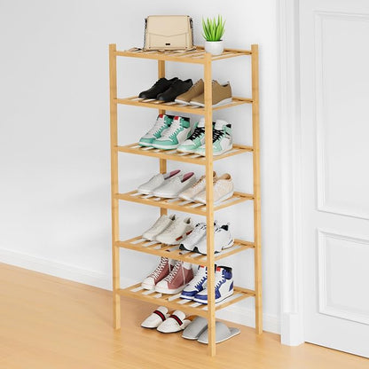 Smiry Small Bamboo Shoe Rack, 6 Tier Free Standing Wooden Shoe Organizer, Stackable Wood Shoe Storage Shelf for Closet, Entryway, 12 Vertical Slats, 2+2+2 Stack Standard Legs, 17.3"x11"x39", Natural