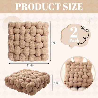 Wenqik 2 Pcs Knot Pillows Square Knotted Plush Throws Soft Accent Pillows Decoration Cushion for Couch Home Office Living Room Bedroom Bed Sofa Decor, 12'' x 13''(Khaki,Lambswool)