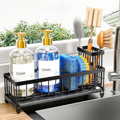 Cisily Sponge Holder for Kitchen Sink, Sink Caddy Organizer with High Brush Holder, Kitchen Countertop Organizers and Storage Essentials, Rustproof 304 Stainless Steel (Black with Stone Tray, Large)