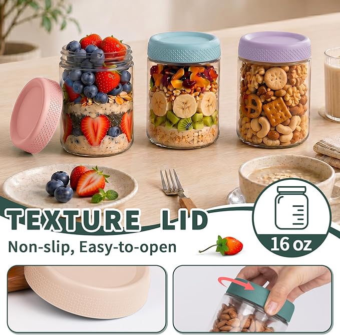 12 Pack Mason Jars, 16oz Overnight Oats Glass Jars, Wide Mouth Overnight Oats Containers with Lids, Small Parfait Cups with Lids for Yogurt, Storage, Chia, Snack, Salad, Spice, Seed