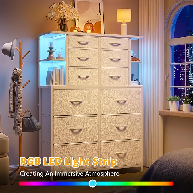 EnHomee White Dresser for Bedroom with LED Lights and 12 Drawers Dresser with 4 Open Storage Shelves, Fabric Dressers & Chests of Drawers, Metal Frame, 45.2" H x 35.4" W x 11.8" D