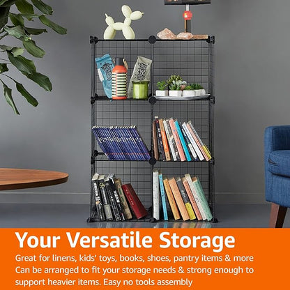 Amazon Basics Cube Wire Grid Stackable Storage Shelves, 6-Cube, 12.6"D x 26"W x 38"H, Black