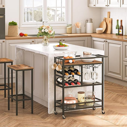 Bar Cart for Home, 3-Tier Serving Cart with Wheels and Handle, Beverage Cart with Wine Rack and Glass Holders, Rolling Wine Cart for Kitchen, Dining Room, Rustic Brown RCHR6101