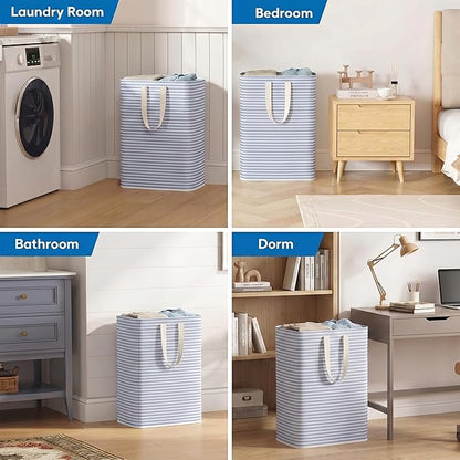 efluky Slim Laundry Basket, Narrow Laundry Hamper with Handles, Collapsible Dirty Clothes Hamper, Tall Laundry Bin for Laundry Room, Dorm and Bedroom, 80L, Striped Blue