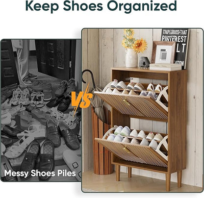Shoe Storage Cabinet with 2 Flip Drawers, 23.6"(W) Freestanding Shoe Organizer with Metal Handles for Entryway, Narrow Shoe Rack Cabinet