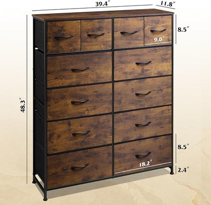 Tall Console Table with 12 Fabric Drawers, Tall Storage Organizer with Wood Top, Entryway Table with Storage, Steel Frame for Living Room, Hallway, Office, Rustic Brown