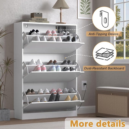 BORNOON Shoe Cabinet with Odor Control and Back Panels, Deodorizing Slim 3-Flip Shoe Storage Cabinet for Entryway, Freestanding Hidden Shoe Rack Organizer for Entrance, Hallway, Bedroom