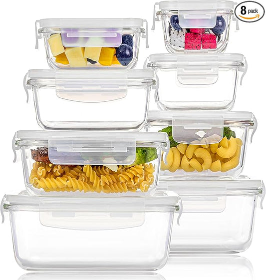 Vtopmart 8 Pack Glass Food Storage Containers with Lids (White)