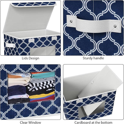 Univivi Fabric Foldable Storage Boxes [4-Pack] Large Collapsible Stackable Storage Bins with Lids, Closet Organizers and Storage Cube Basket for Home, Office, Bedroom (Blue Lantern, 17”x 12” x 12”)