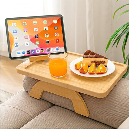 SINWANT Couch Arm Tray,Bamboo Sofa Clip on Side Table,Foldable Couch Armrest Table with 360°Rotating Phone Holder,Anti Slip Food Trays for Eating/Drinks/Snacks/Remotes 15.35" x 9.85"