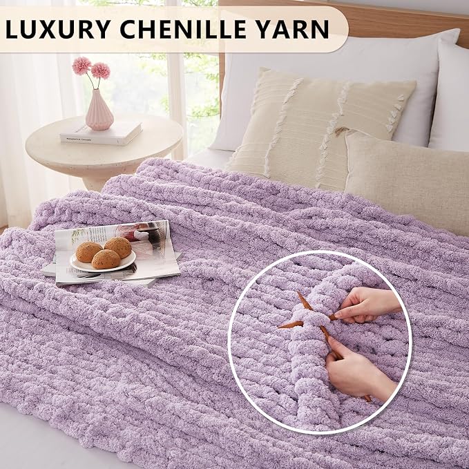 L'AGRATY Chunky Knit Blanket Throw: 72''x84'' Chenille Chunky Knitted Throw Blankets for Bed Couch - Handmade Thick Big Cable Knit Blanket - Large Crochet Rope Blankets for Home Decor(Purple)