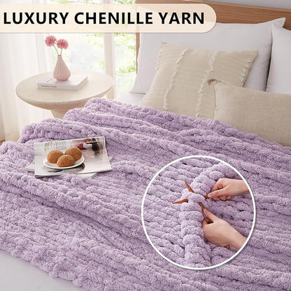 L'AGRATY Chunky Knit Blanket Throw: 72''x84'' Chenille Chunky Knitted Throw Blankets for Bed Couch - Handmade Thick Big Cable Knit Blanket - Large Crochet Rope Blankets for Home Decor(Purple)
