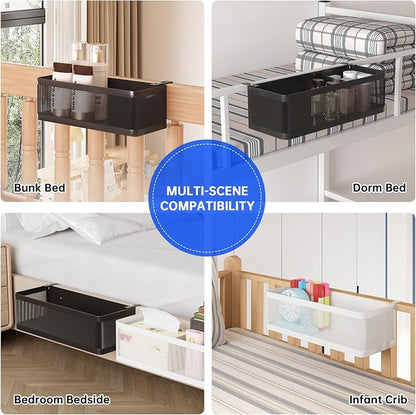 Bedside Caddy Shelf for Bunk Bed, Office Cubicle Walls, Crib Rails, Dorm Bed College Dorm Room Essentials Bed Shelf for Cell Phone Headphone Magazine Snacks (Black, L11in*W4.9in*H3.93in)