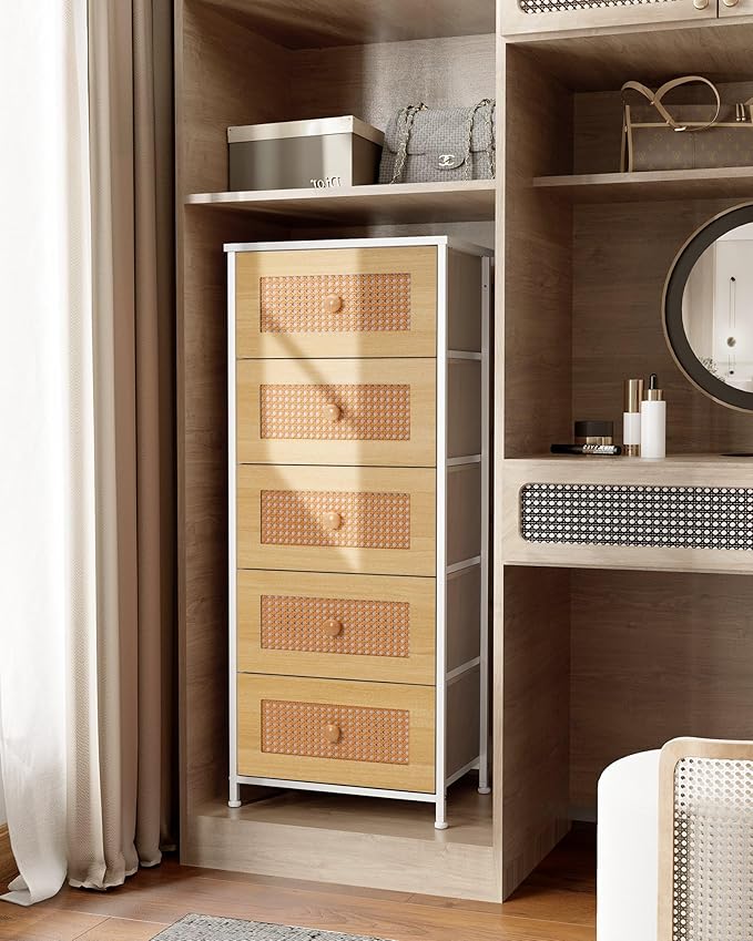 Crestlive Products Rattan Dresser, Tall Fabric Storage Tower, Chests of Drawers with Handles - Organizer Unit for Bedroom, Hallway, Entryway, Closets - 5 Drawers (Natural Drawers, White Top & Frame)