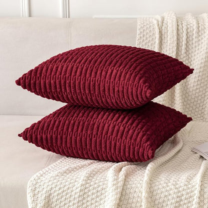 MIULEE Pack of 2 Burgundy Corduroy Decorative Pillow Covers 16x16 Inch Soft Boho Striped Throw Pillow Covers Modern Farmhouse Home Decor for Sofa Living Room Couch Bed