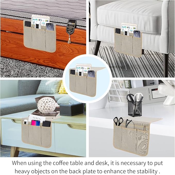 Bedside Caddy Bedside Storage Organizer Magazine Phone Tablet iPad Remote Holder, Organizer Caddy for Home College Dorm Bed, Sofa, Bunk Bed (Pale Khaki)