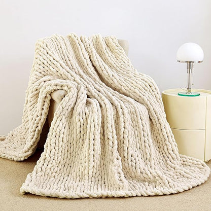 Admitrack Chunky Knit Blanket Throw, 100% Hand Knit Chenille Throw Blanket for Sofa & Home Decor, Soft and Cozy Knitted Throw Blankets (Ivory，40"x50")