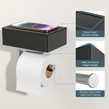 FORIOUS Toilet Paper Holder with Shelf, Sanitary Napkin Receptacle Tampon Holder, Wall Mount Toilet Paper Holder with Storage, Flushable Wipes Dispenser Fits for Bathroom Commercial Black & Nickel
