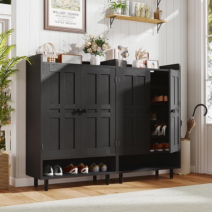 Farmhouse Shoe Cabinet with Doors, 6-Tier Wooden Shoe Organizer with Adjustable Shelves, Entryway Storage Cabinet with Metal Legs, Rustic Shoe Storage for Entryway or Living Room (Black)