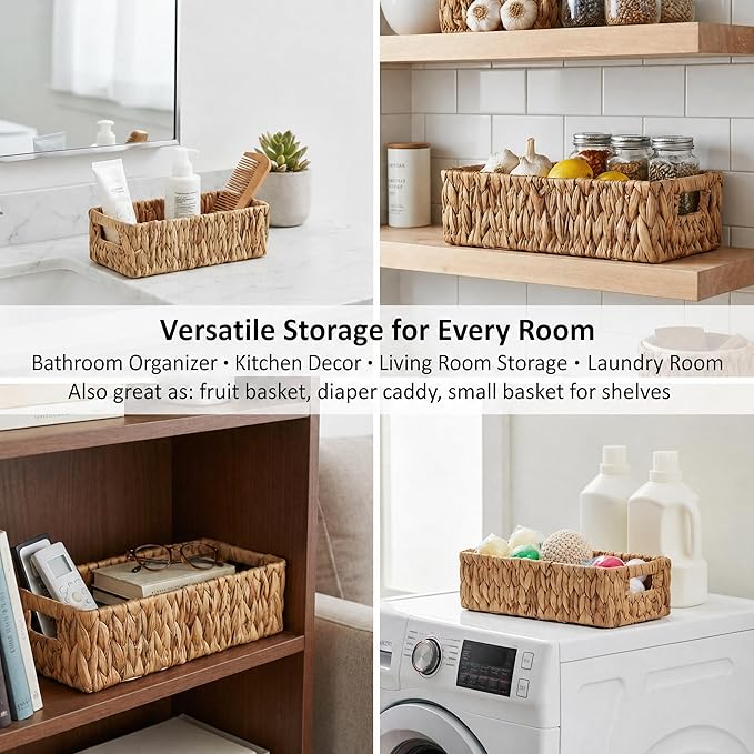 Wicker Toilet Tank Basket, Natural Rectangle Water Hyacinth Storage Baskets, Handwoven Rattan Paper Baskets Organizer with Handles for Bathroom, Kitchen, Living Room Decor, 2-Pack