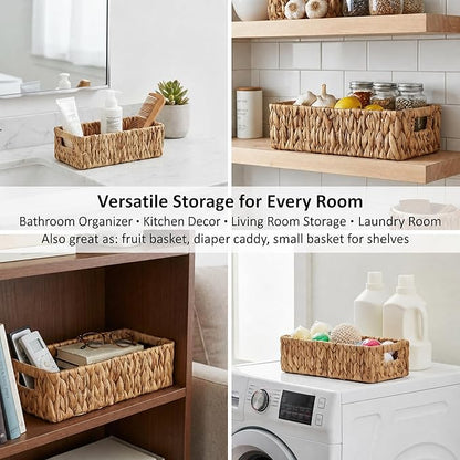 Wicker Toilet Tank Basket, Natural Rectangle Water Hyacinth Storage Baskets, Handwoven Rattan Paper Baskets Organizer with Handles for Bathroom, Kitchen, Living Room Decor, 2-Pack
