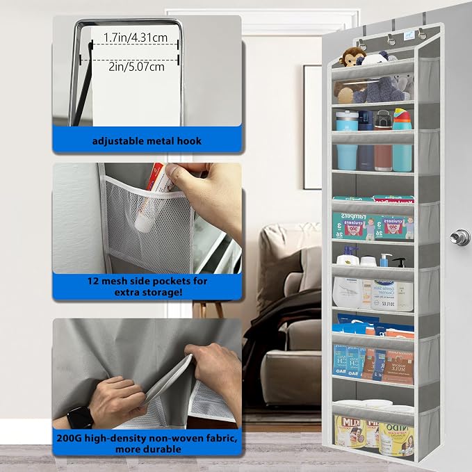 over the door organizer, Solid Bamboo Board (Not Plastic!) 6-Tier Heavy Duty 75LB, 12 Side Pockets, 3 Reinforced Hooks & Anti-Slip Pads, Waterproof & Washable, No Sagging, No Door Damage,Dusk Grey