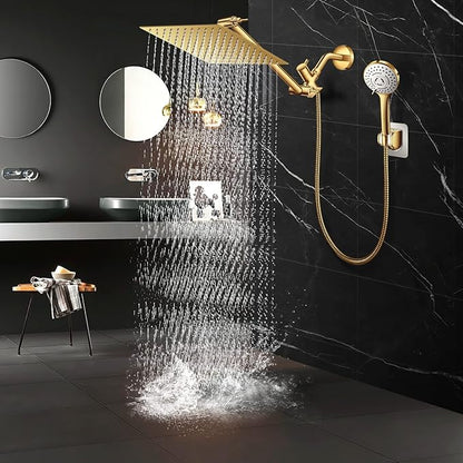 12'' Shower Head with Handheld, High Pressure Rainfall Shower Head Combo with 11'' Adjustable Extension Arm, 5 Setting Hand Held Shower Head with 60 Inch Shower Hose. Anti-Leak (Gold)
