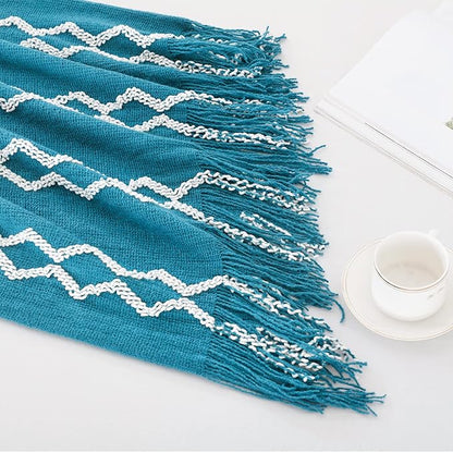 BOURINA Fluffy Chenille Knitted Fringe Throw Blanket Lightweight Soft Cozy for Bed Sofa Chair Throw Blankets Teal 60" x 80"