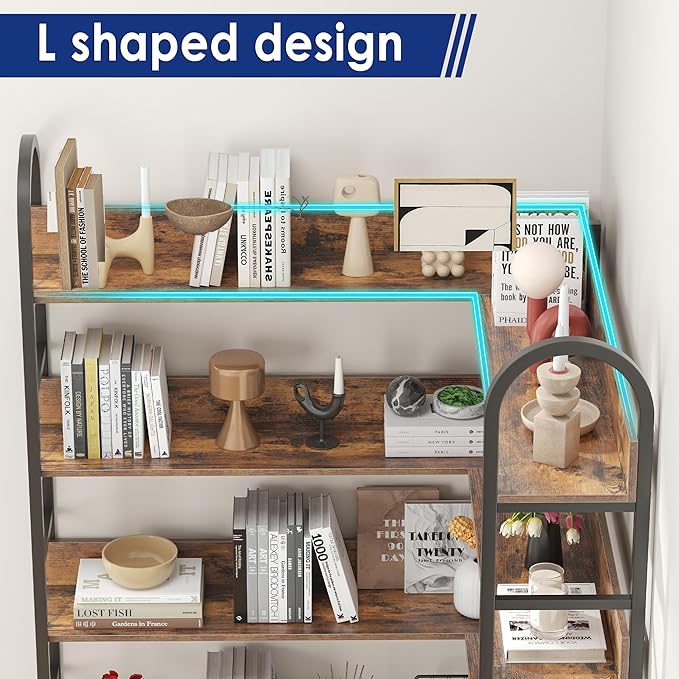 Nosepen L Shaped Corner Bookcase and Bookshelves, 5-Tier Tall Open Shelf Etagere Bookcase, Wood and Metal Large Library Industrial Bookcases Display Rack for Living Room Home Office,Black+Brown
