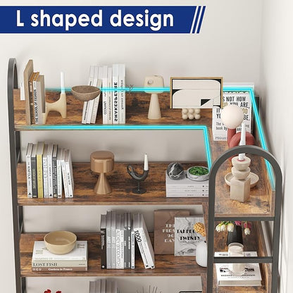 Nosepen L Shaped Corner Bookcase and Bookshelves, 5-Tier Tall Open Shelf Etagere Bookcase, Wood and Metal Large Library Industrial Bookcases Display Rack for Living Room Home Office,Black+Brown