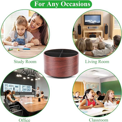 Hennaja Round Leather Art Supply Organizer,Remote Control Holder,360 Degree Spinning,Multi-Functional Pencil Holder,4 Compartments Desktop Stationary Organizer(1-Light Brown2)