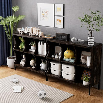 6 Cube Book Shelf, Low and Short Bookshelf, Long Cube Storage Organizer Wood TV Stand, Toy Organization DVD Cabinets for Living Room, Office, Bedroom, Dorm, Dark Brown with Dark Brown Top