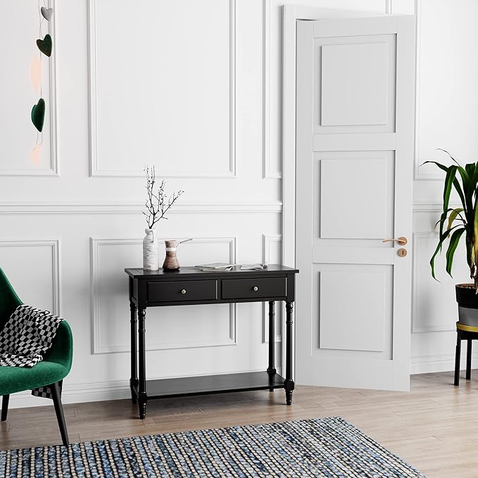 Solid Wood Console Table with 2 Drawers, 2-Tier 35.4" X 30" Accent Sofa Table with Multilayer Storage Shelf Rustic Hall Entryway Tables for Living Room Home Office-Black