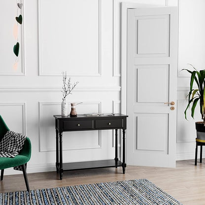Solid Wood Console Table with 2 Drawers, 2-Tier 35.4" X 30" Accent Sofa Table with Multilayer Storage Shelf Rustic Hall Entryway Tables for Living Room Home Office-Black