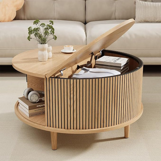 Round Coffee Table with Storage, Mid Century Modern Coffee Table, Fluted Dining Table with Sliding Door, Circle Coffee Table for Living Room Home Office, 31.5", Oak