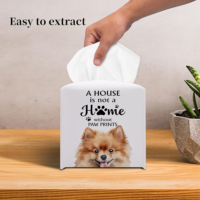 Grace Yonks Cute Pomeranian Tissue Box Cover Square, Pomeranian Dog Cube Case for Facial Tissues, 5.2" PU Leather(034)