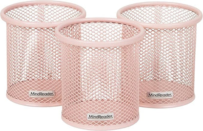 Mind Reader Pen and Accessories Holder, Desktop Organizer, Office, Metal Mesh, 3.5"L x 3.5"W x 3.75"H, Set of 3, Pink