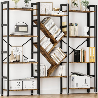 INNOD Triple 4 Tier Book Shelf, Large Industrial Bookcase with Storage Cabinet, Tall Bookshelf with Open Display Shelves Furniture for Living Room Bedroom Home Office Rustic Brown