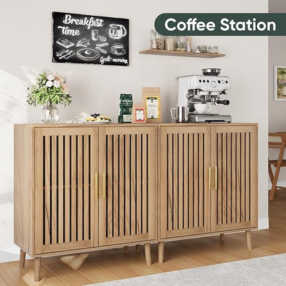 Sideboard Cabinet, 31.5" W Farmhouse Buffet Cabinet with Slatted Doors & Adjustable Shelf, Wooden Coffee Bar Storage Station for Kitchen, Dining Room, Living Room, Entryway, Natural Oak