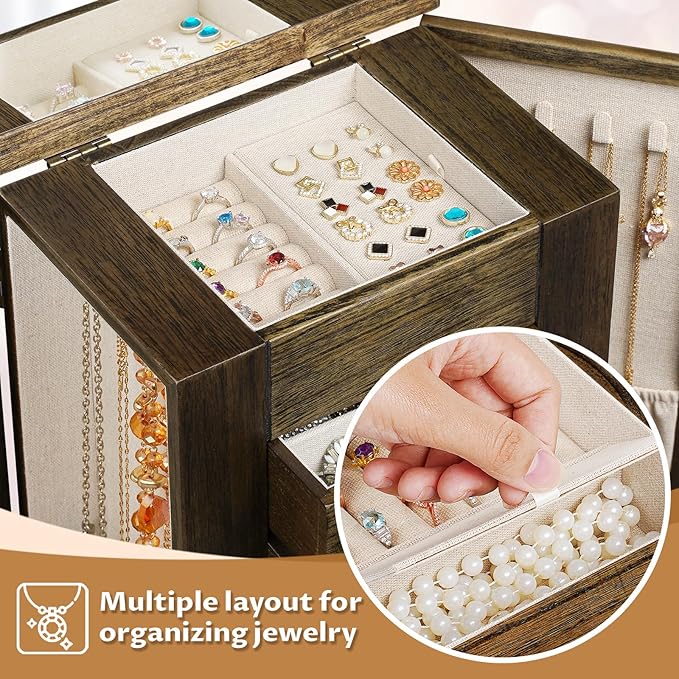 Emfogo Jewelry Box for Women, 5 Layer Large Wood Jewelry Boxes & Organizers for Necklaces Earrings Rings Bracelets, Rustic Jewelry Organizer Box with Drawers and Mirror(Vintage)