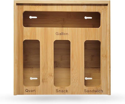 Ziplock Bag Organizer for Drawer – Bamboo Ziploc Bag Holder with Sliding Lid for Gallon, Quart, Snack & Sandwich Bags
