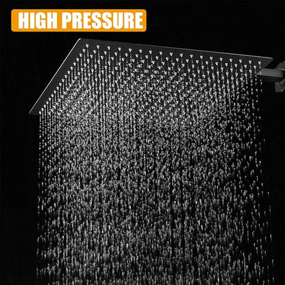 BESy 16 Inch Rain Shower Head, 16" Square Rainfall & High Pressure Stainless Steel Bath Showerhead, 1/16" Ultra Thin, Waterfall Full Body Coverage with Silicone Nozzle, Matte Black Finish